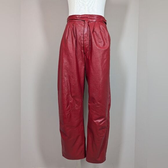 Pants - Vintage 80s Red High Waist Genuine Leather Pants Sz 5 Pleated Front